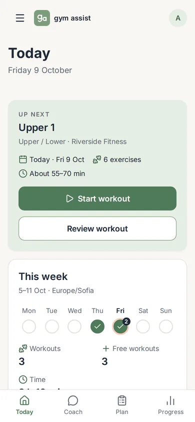 Екран „Днес“ на Gym Assist на телефон